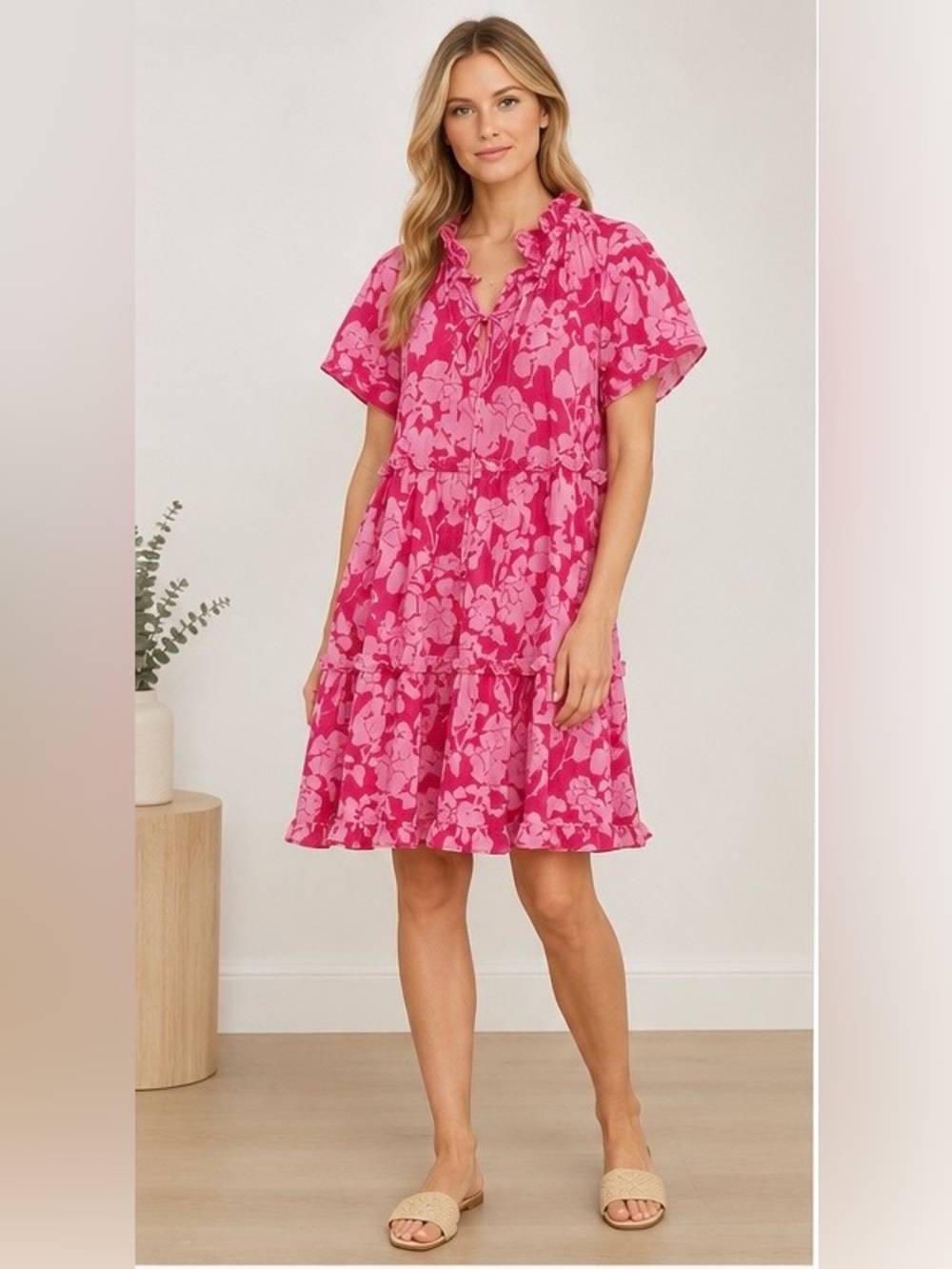 Tuckernuck Hyacinth House Pink Floral Tiered Dress Ruffle Neck